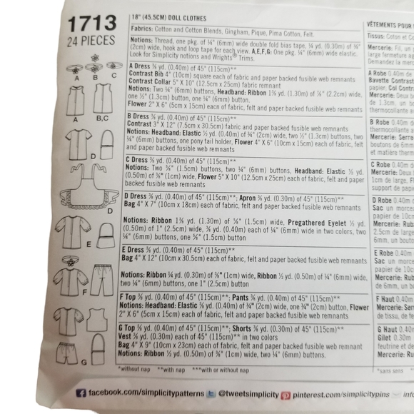 Simplicity 1713 18" Doll Clothes Pattern New - Picture 2 of 4